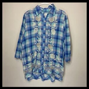 Johnny Was 3J Workshop Women L Button Up Shirt Plaid Rose Embroidery Western Top